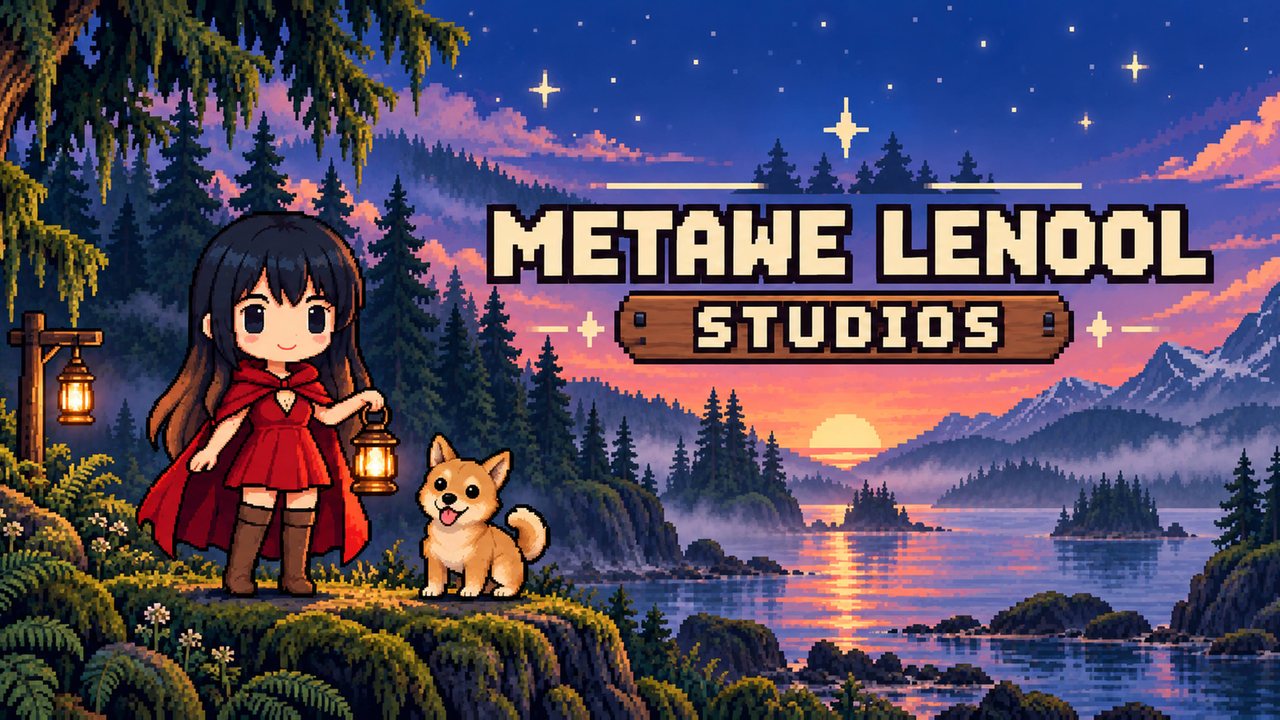 Metawe Lenool Studios: a girl in a red cloak with a lantern and a happy shiba dog on a mossy cliff above a misty lake at sunset.