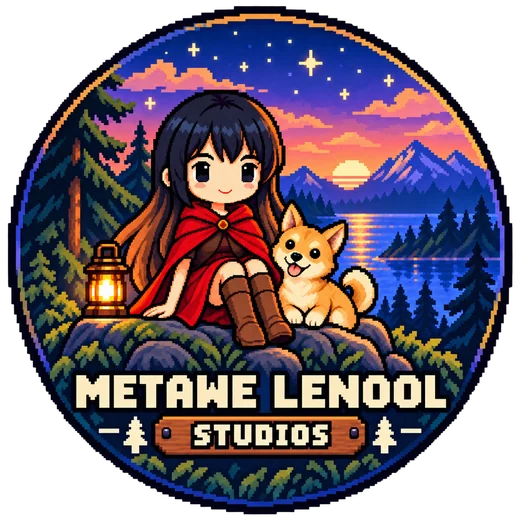 Metawe Lenool Studios logo: the girl in the red cloak and her shiba resting on a rock by a lantern under the stars.