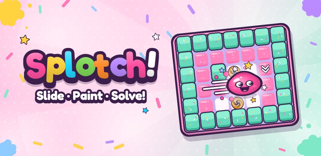 Splotch! title art: the pink paint blob sliding across a candy-colored puzzle board.