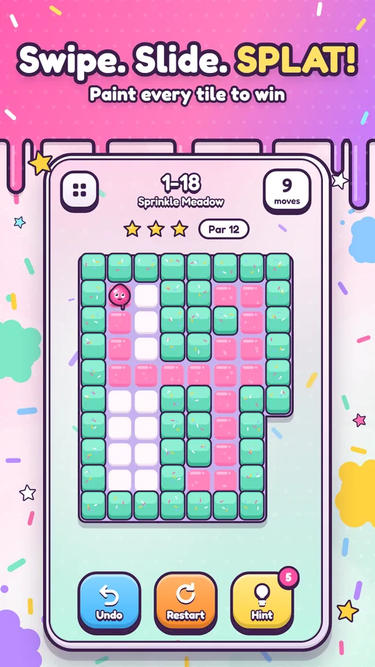 Swipe, slide, splat: a Sprinkle Meadow level mid-solve with a pink paint trail.