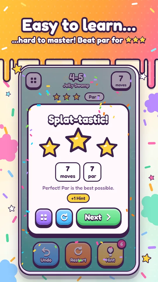 A three-star win screen with confetti.