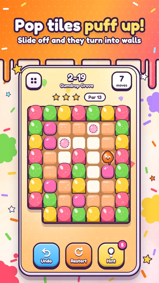 Gumdrop Grove: pop tiles puff into gum blocks.