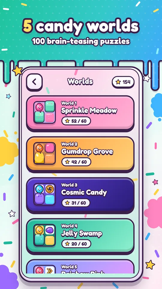 The five candy worlds with star progress.